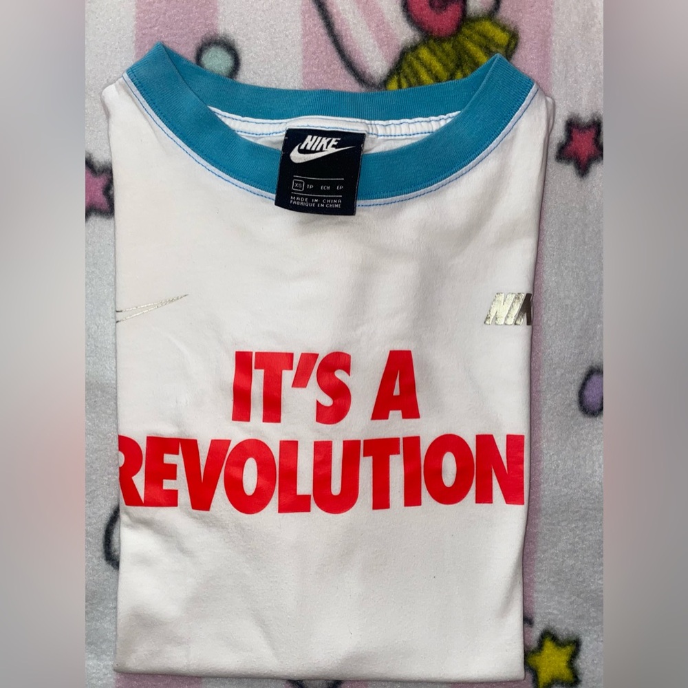 Nike White Tee with Red Text and Blue Collar